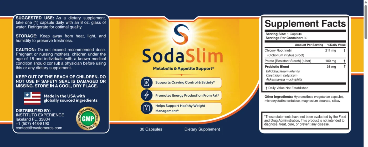 SodaSlim Supplement Facts label with suggested use